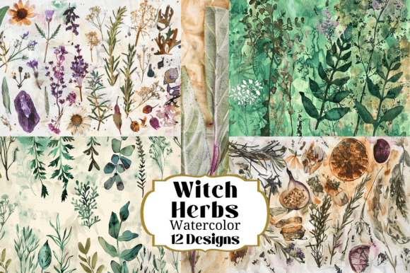 12 Watercolor Witch Herbs Backgrounds for Enchanting Designs