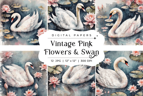 Designing with Elegance: Vintage Pink Flowers & Swan Backgrounds