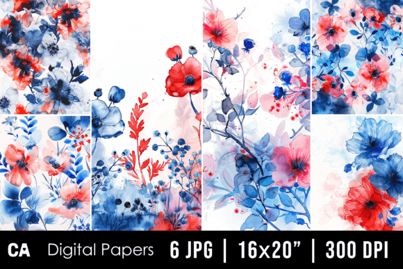 Watercolor Red Blue Flower Backgrounds for Creative Projects